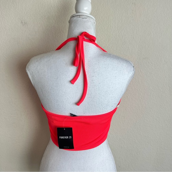 NWT Forever 21 Ribbed Coral Knit Tie Halter Crop Top Tank Top - Picture 2 of 8